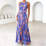 New Printed Hanging Neck Beach Bohemian Wind High Waist-Dew Broken Flower Dress Women's