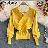 Women Design Knitted Pullovers Fashion Batwing Sleeve V Neck Elastic Slim Tops Autumn Korean Streetwear Knit