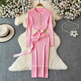 Fragrant High-End Autumn And Winter Round Collar With Thick Knitted Dress With Belts And Hips Skirt