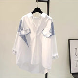 Stripe Spliced White Shirt Women's Spring 2025 New Korean Version Of Loose Fake Two Shirt Women's Top