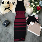 summer women's hanging neck knit long dress round neck stripes hit color waist slim slim ming knit long dress office