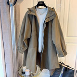 Designer Small Versatile Loose Leisure Cocoon Double Pocket Spell Successive Hat Long Windbreaker Coat Female Spring And Autumn-Outfit