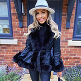 PU Leather Jackets Women Fashion Tie Belt Waist Short Coats Women Elegant Side Pockets Faux Fur Jackets Female
