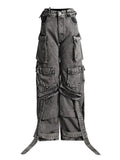 Toloer 2024 New Street Hipster Multi-Pocket Decoration Ribbon Design Sense Jeans Women's Hollow Out Cargo Pants-Outfit