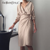 Autumn Women's Dresses Long Sleeve Bandage V Neck High Waist Midi Shirt Dress Female Elegant Fashion Korean