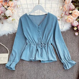 New Spring Fashion All-match V-neck flared sleeve Shirt lace up waist slim dot Long Sleeve Shirt