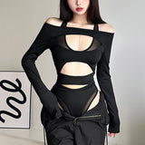 Toloer 2024 New Women's Fashion Sexy Mesh Stitching Long Sleeve Hollow Out Slim Crop Jumpsuit-Outfit