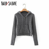 Bold Shade Vintage Indie Style Women Cardigans Knitting Zipper Pockets Hooded Sweaters Twist Winter Casual Long Sleeve