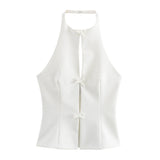 New Hanging Neck Bows Decorated Solid Color Top