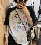 Cartoon Print Raglan Short Sleeve Tee-Outfit