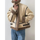 Women's Fuzzy Fur Lined Zipper Motorcycle Suede Jacket Striped Trim Autumn Winter 2022 Solid Vintage Short Loose Padded