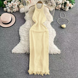 Tweed Dress Solid Color Hanging Neck Hanging Back High Waist Repair Kite Knitted Dress Sexy