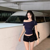 Toloer Desire Inclined Shoulder Short Sleeve T-Shirt Female 2024 Summer New Short Crop Slim Versatile Student Jacket Ins