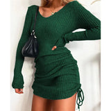Knitted Sweater V Collar Long Sleeve Autumn And Winter Sexy Body Threaded Skirt Folding Drawstring