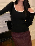 Contrast Color Trim Slim Long Sleeve Knit-Outfit