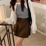 Brown Denim Skirt Women Vintage Cute Korean Style High Waist Pocket A-line Pleated Mini Skirt for Girls Preppy