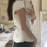 Solid Color Button Down Short Sleeve Blouse-Outfit