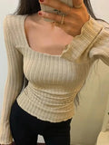 Square Neck Flare Sleeve Slim Knit-Outfit