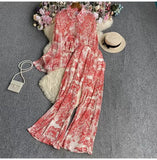 Suit Female Korean Version Of The Lantern Sleeves Loose Single-Chamed Dizzled Dyed Printed Shirt Three Sets Of High-Rise Broad-Legged