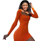 Autumn And Winter New Women's Fashion Long Sleeve Sexy Square Collar Low Chest Slim Wrap Hip Dress-Outfit
