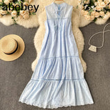 Dress Women Summer Sleeveless Mid-calf Dress Solid Lace-up V-neck Loose Waist Embroidery Hollow Beach Holiday