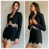 Free Shipping 2022 New Women's Suit Sexy Lapel Long Sleeve Diamond Tassel Short Jacket & Mini Skirt Diamond Tassel Two Piece