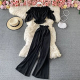 Summer Green/Black/Red Two Piece Set Women Sexy Slash Neck Short Tops + High Waist Wide Leg Pants Female Suit New