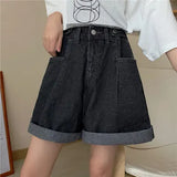 Toloer Blue Jeans Five Minutes Shorts Female Summer Plus Size Fat Sister Show Thin Show Tall And Versatile Wide Legs High Waist A Line Pants-Outfit