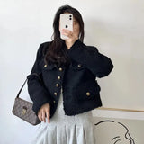 Fringe Tweed Cropped Jacket For Women Black Vintage V Neck Long Sleeve Luxury Coats Fall Casual Loose Chaquetas De