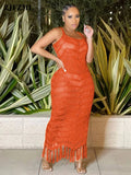 Solid Crochet Knitted Beach Cover Up Dress Tunic Summer Spaghetti Strap Tassels Hollow See Through Bikini Swimwear