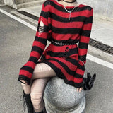 Toloer Long Punk Dark Match Broken Hole Torn Sweater Female Couple Striped Loose Niche Knit Woman-Outfit