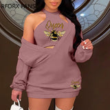 Women Fashion Long Sleeves Crop Top Inside Deep V Neck Bee Pattern Mini Ins Sexy Dress Set-Outfit