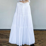 Solid Color Lace Patchwork Umbrella Maxi Skirt-Outfit