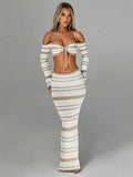 New Hottie Women's Suit Summer Striped Long-Sleeved Hanging Neck Top Skirt Two-Piece