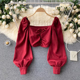 Women Fashion Korean Blouse Square Collar Long Puff Sleeve Solid Slim Tops 2022 Autumn Casual Vacation Short