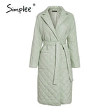 Simplee Long straight winter coat with rhombus pattern Casual sashes women parkas Deep pockets tailored collar stylish
