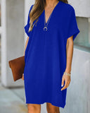 V-neck Short-sleeved Solid Color Loose