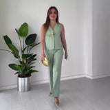 Women's Temperament Elegant Solid Color V-Neck Sleeveless Vest High-Rise Broad Leg Trousers