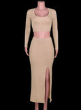 Spring Pure Color Long-Sleeved Fashion Sexy Split Long Skirt Two-piece