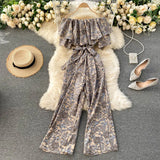 Women Jumpsuit Rompers Summer Casual Floral Print Off Shoulder Ruffles Lace-up Sashes Wide Leg Holidays Loose