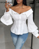 Women Chic Solid Off Shoulder Button Long Sleeves Casual Blouses Tops-Outfit
