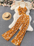 Women Summer Boho Floral Holiday Set V Neck Puff Sleeve Short Tops+High Waist Sexy Split Wide Leg Pants Two Pieces