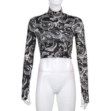 Toloer Style Winter Women's Hot Chinese Print Short Long-Sleeved T-Shirt Women-Outfit
