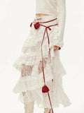 White Lace Layer Tulle Midi Skirt-Outfit