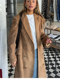 Brown Suede Long Belt Trench Coat-Outfit