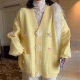 Version V-Collar Three-Dimensional Flower Bow Fashion Knitted Cardigan Autumn And Winter New Loose Lazy Sweet Sweater Girl-Outfit