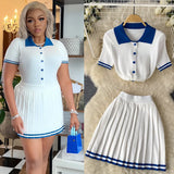 Hot Babes Hit The Color Polo Collar Short-Sleeved Shirt Top + High Waist Thin 100-Folded Skirt Two Sets Of