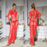 Fashion Women's Pure Color Mesh Hot Diamond Long Sleeve Dress Dress-Outfit