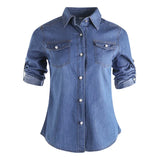 Women Retro Denim Shirts Autumn Clothes 2023 Adjustable Long Sleeve Stand-up Collar Single-breasted Slim Tops Streetwear-Outfit