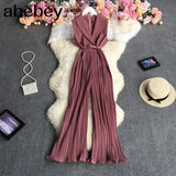 New Summer Fashion turn down collar sleeveless off shoulder Jumpsuit high waist lace up casual wide leg pleated